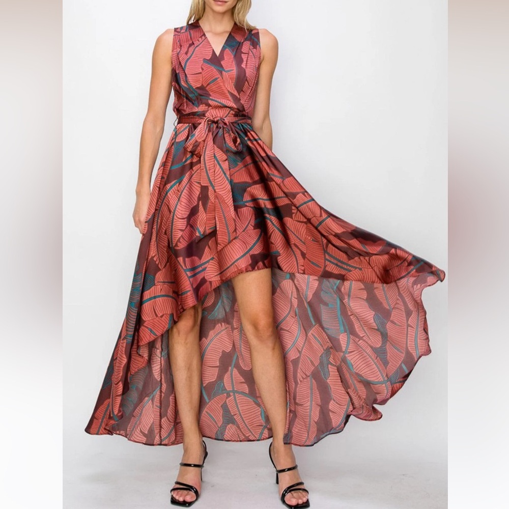 Burgundy Sleeveless Leaf Print Surplice High-Low Maxi Dress